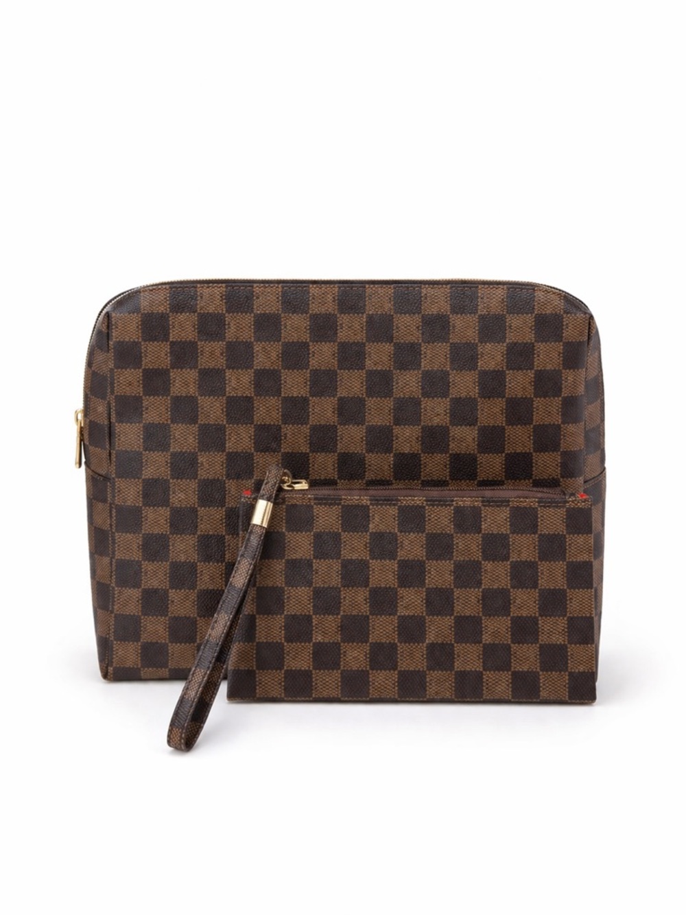 Brown Large Checkered Cosmetic Bag and Wristlet Travel Set | Quiet Luxury Vibes